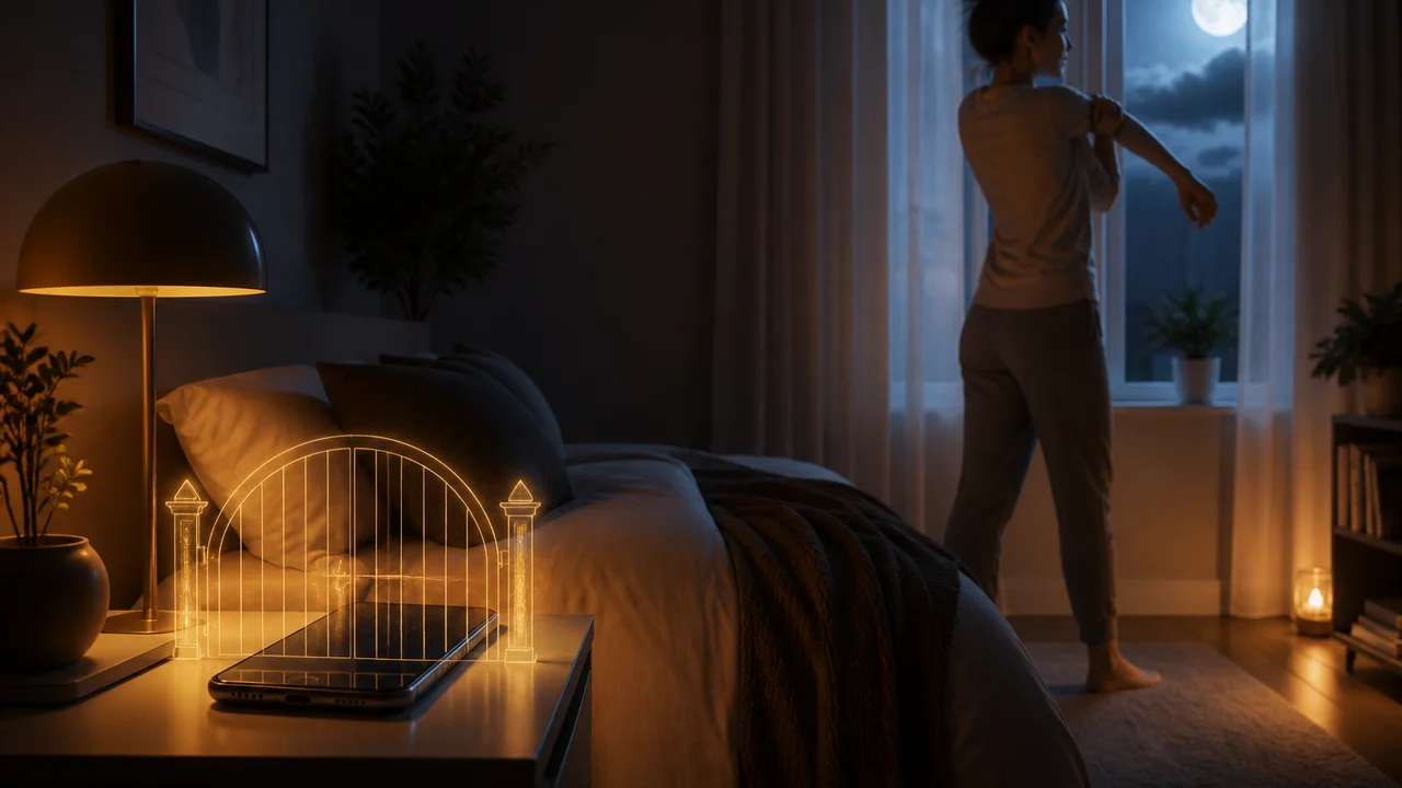 Kinematische Illustration eines abgedunkelten Schlafzimmers mit sanft gesperrtem Smartphone und einer Figur, die vor dem Bett Minuten verdient