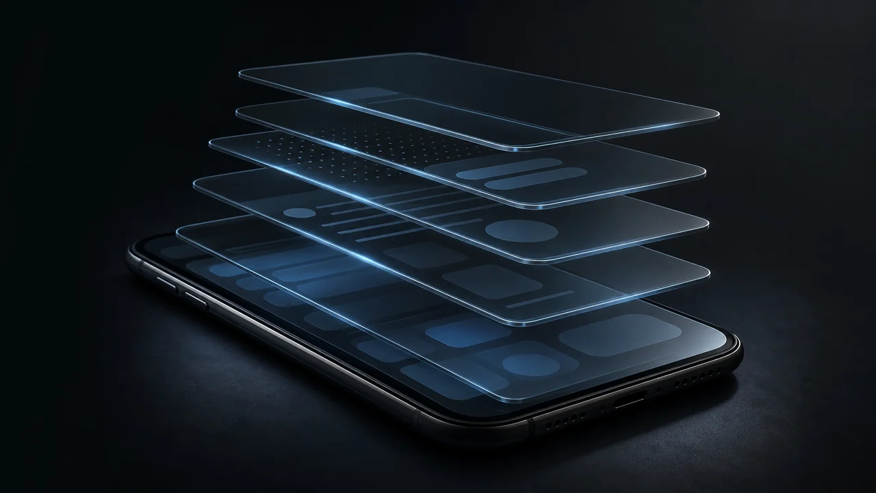 Transparante lichtlagen over een smartphone, zonder sloten of tekst