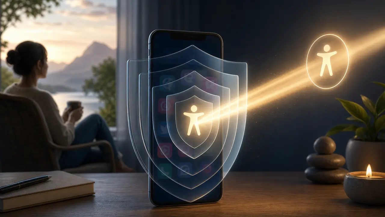 Geschichtete transparente Lichtflächen über einem Smartphone, ohne Schlosssymbole oder Text