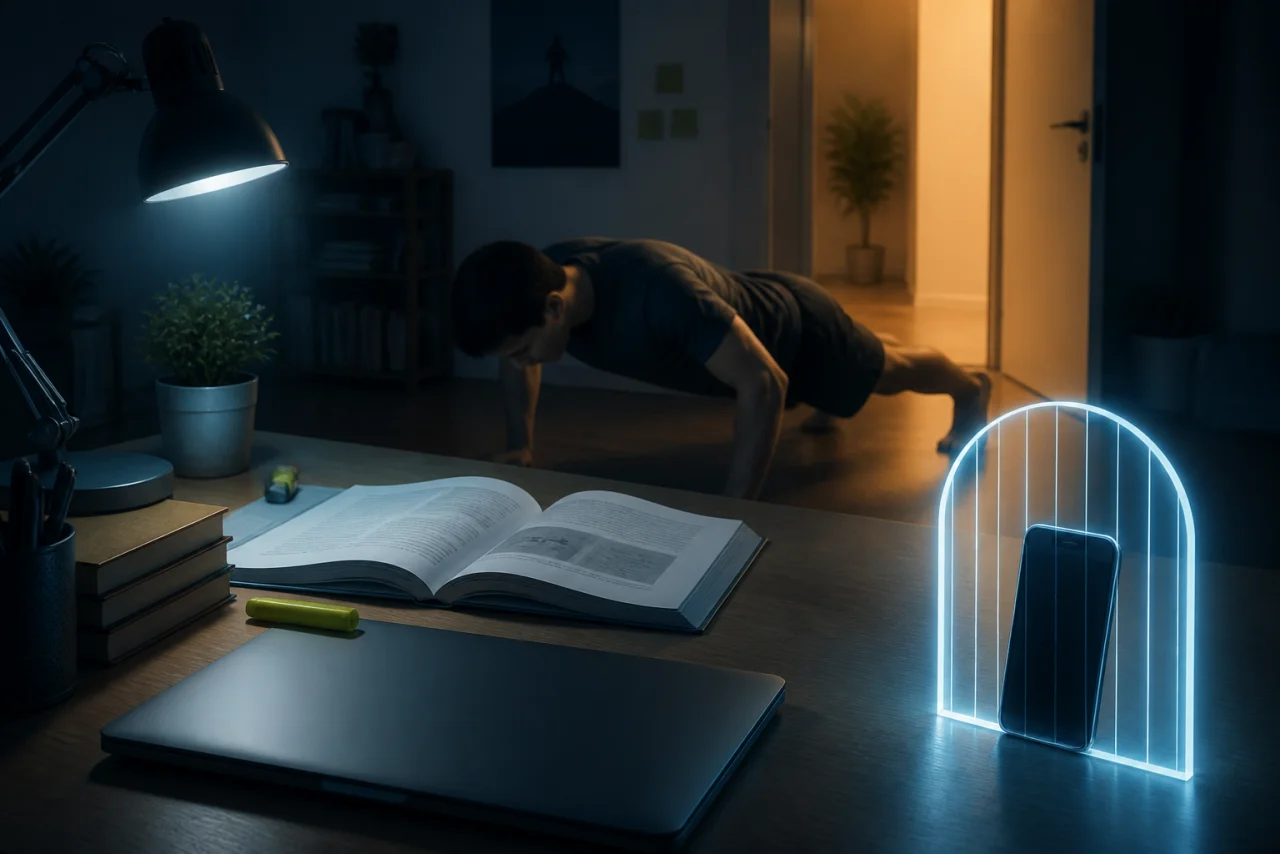 Filmische studiebureau bij nacht, telefoon achter zachte poort, student doet push-ups naast boeken