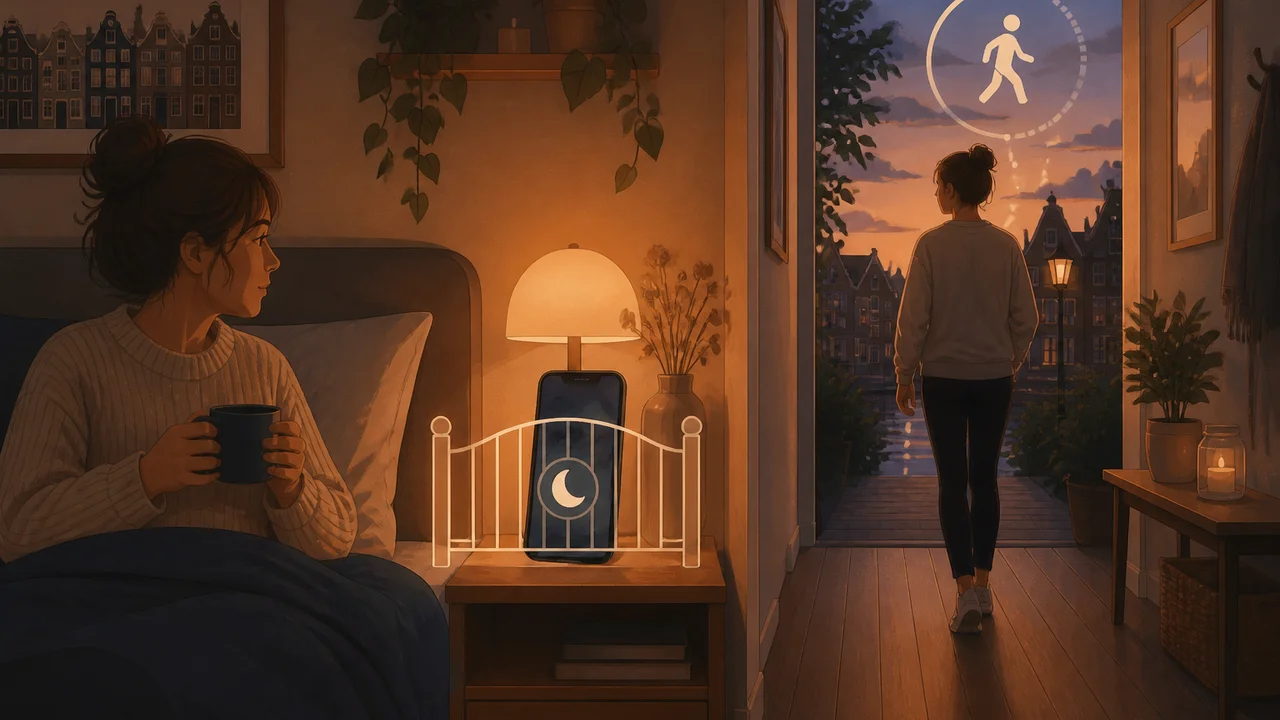 Cinematische illustratie van een slaapkamer in schemerlicht met een telefoon achter een zachte gate en een figuur die minuten verdient met een korte wandeling