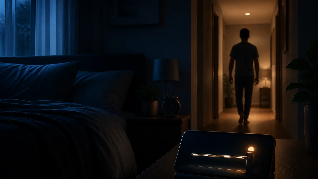 Cinematic illustration of a dim bedroom with phone glow paused at a soft gate and a figure earning minutes on a quiet evening walk