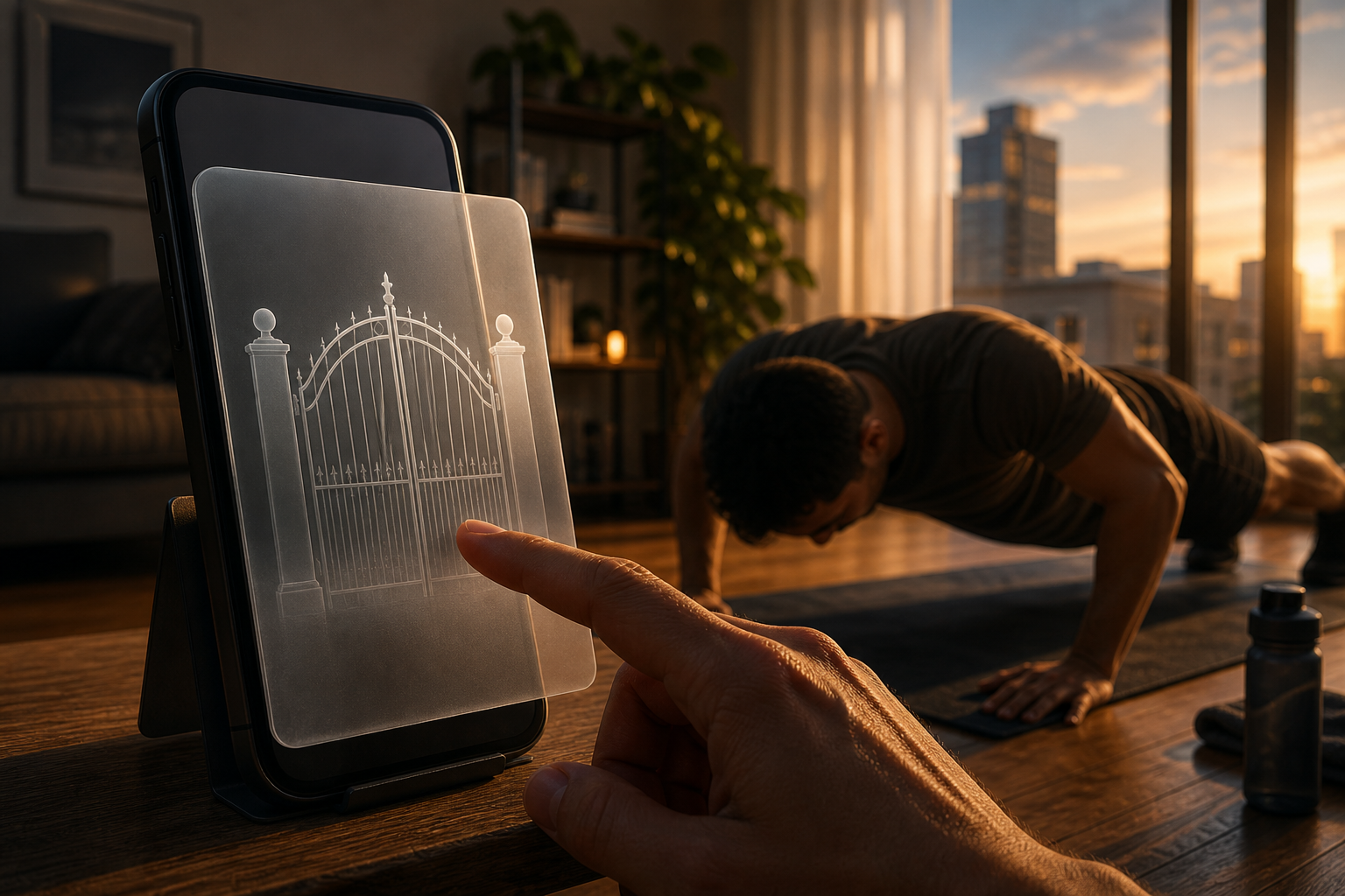 Cinematic illustration of a phone paused at a gate while a figure completes push-ups nearby, warm evening light