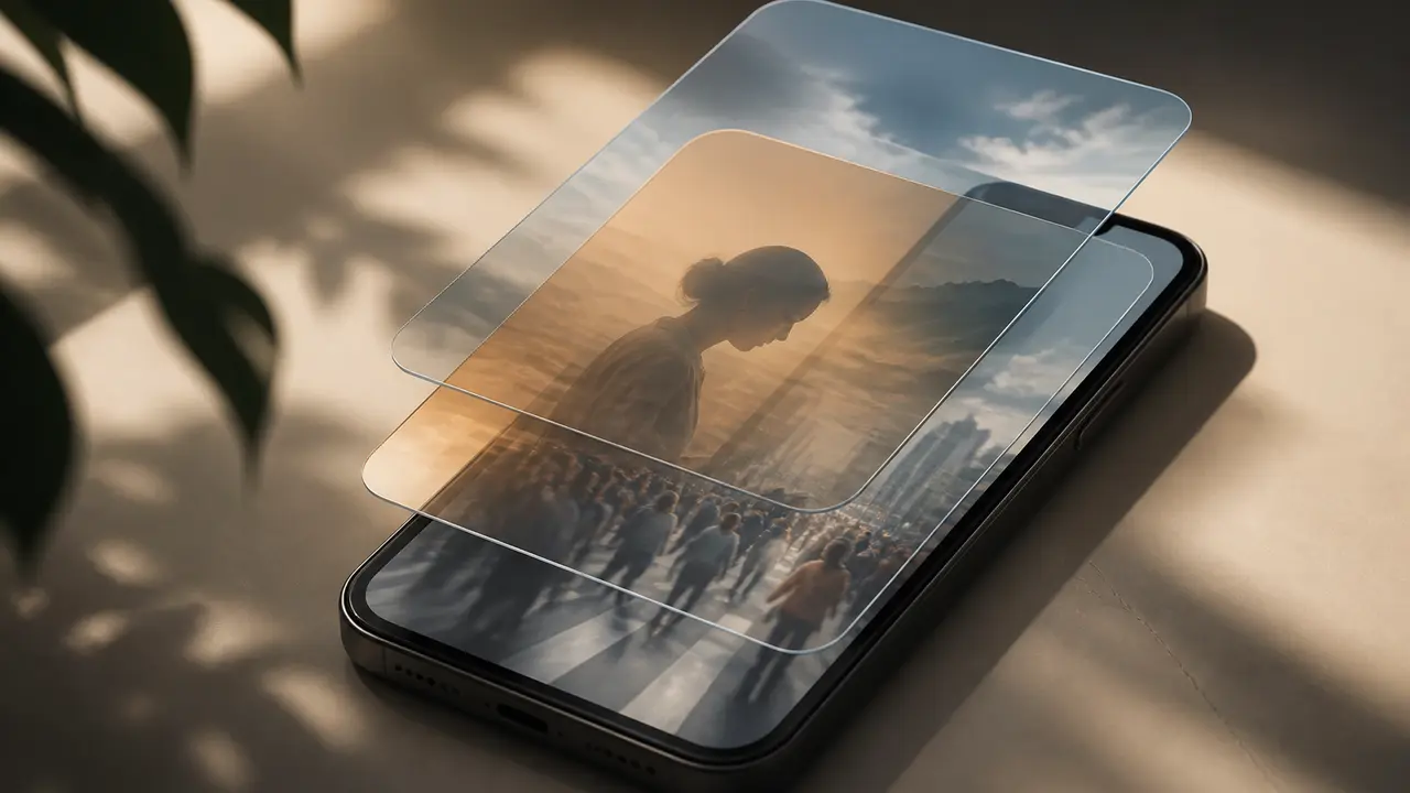 Capas de luz transparente sobre un smartphone, sin candados ni texto