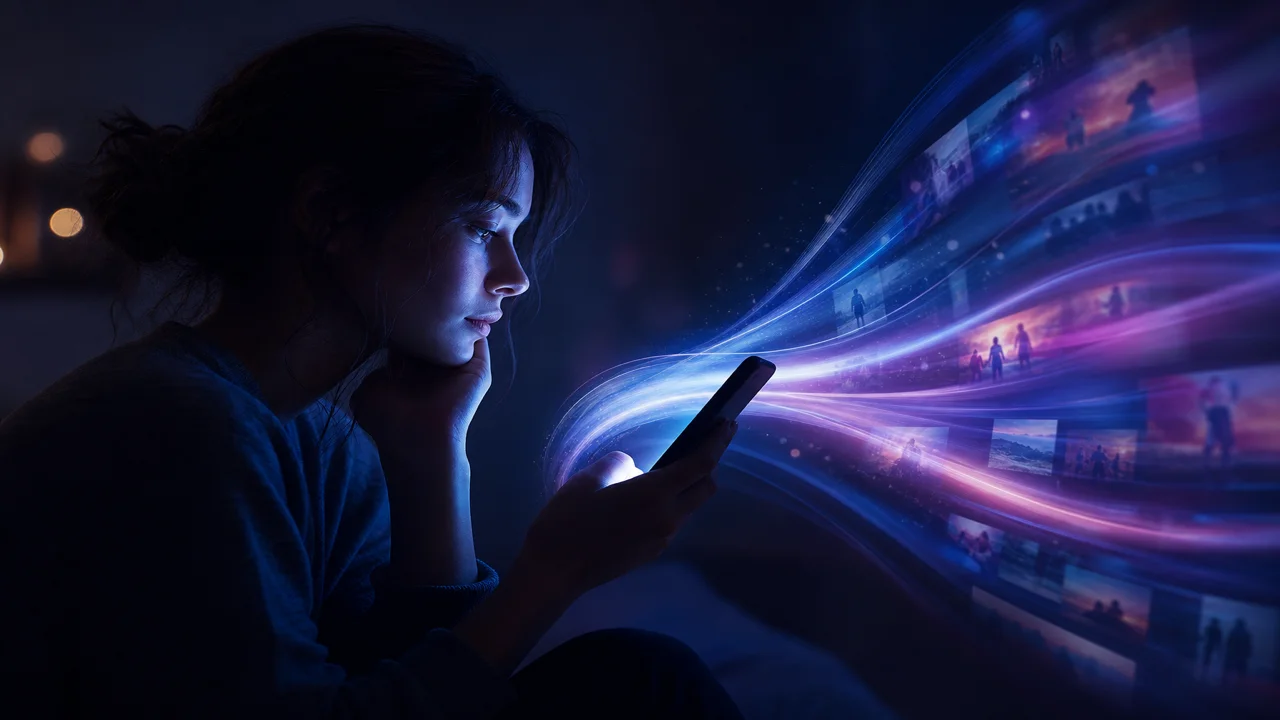 Feixes de luz abstratos sugerindo uma pausa suave diante de um feed móvel, sem logos