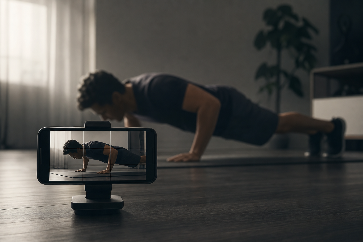 Cinematic illustration of a phone on a stand capturing a push-up silhouette in soft side light
