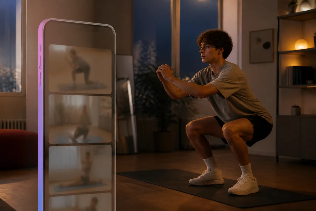 Minh họa điện ảnh điện thoại dừng ở cổng với hình squat, ánh tím-hồng ấm gợi feed Reels