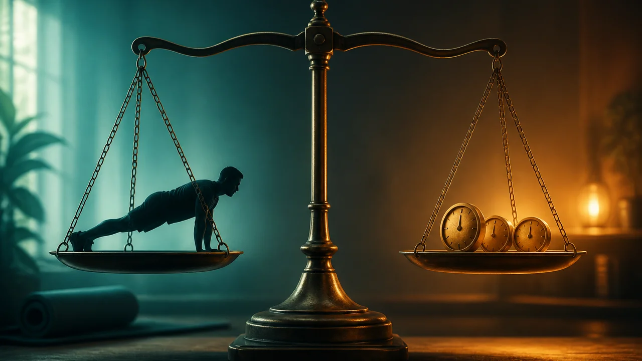 Cinematic illustration of balanced scales between a short workout and measured unlock tokens in warm editorial light