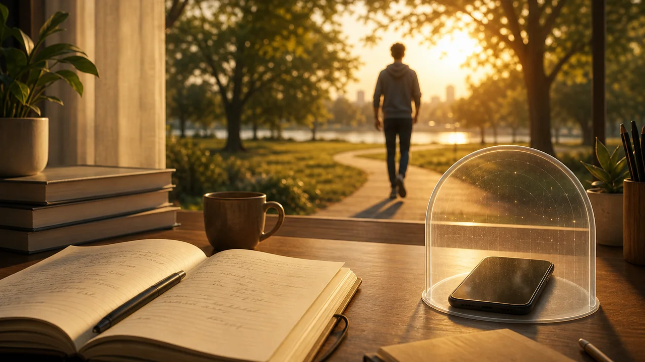Cinematic illustration of a calm desk workspace with a phone softly gated aside and a walking figure earning minutes in warm daylight