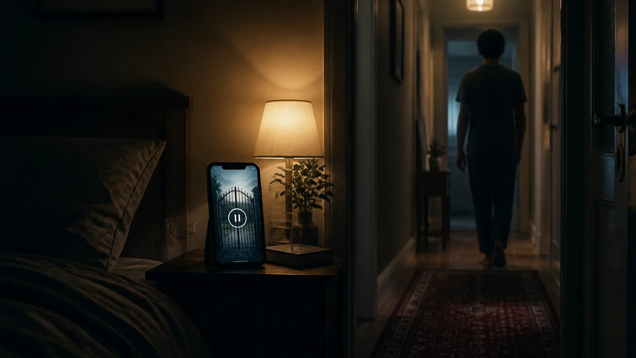 Loş yatak odasında telefon ışığının yumuşak kapıda durduğu ve sessiz akşam yürüyüşünde dakika kazanan figürün sinematik illüstrasyonu
