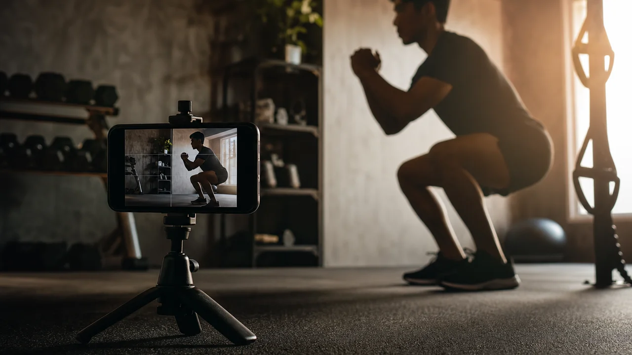 Ponsel di tripod menangkap siluet push-up dengan cahaya samping sinematik
