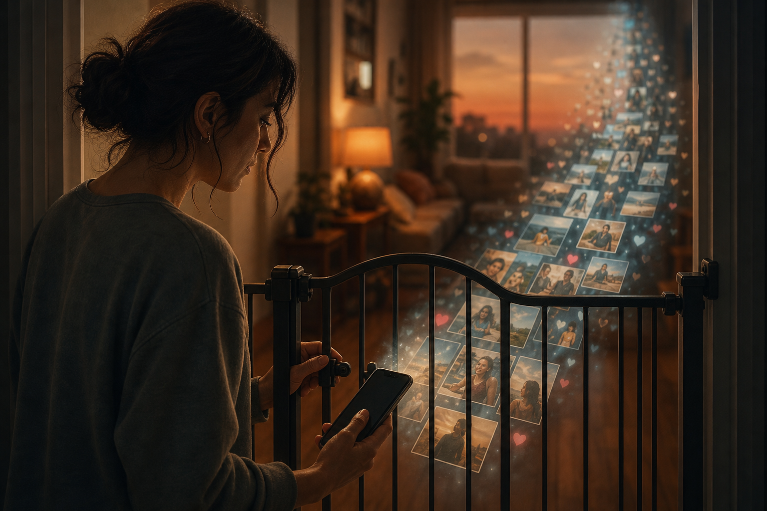 Téléphone freiné devant un flux social stylisé, figure adulte en pause réfléchie