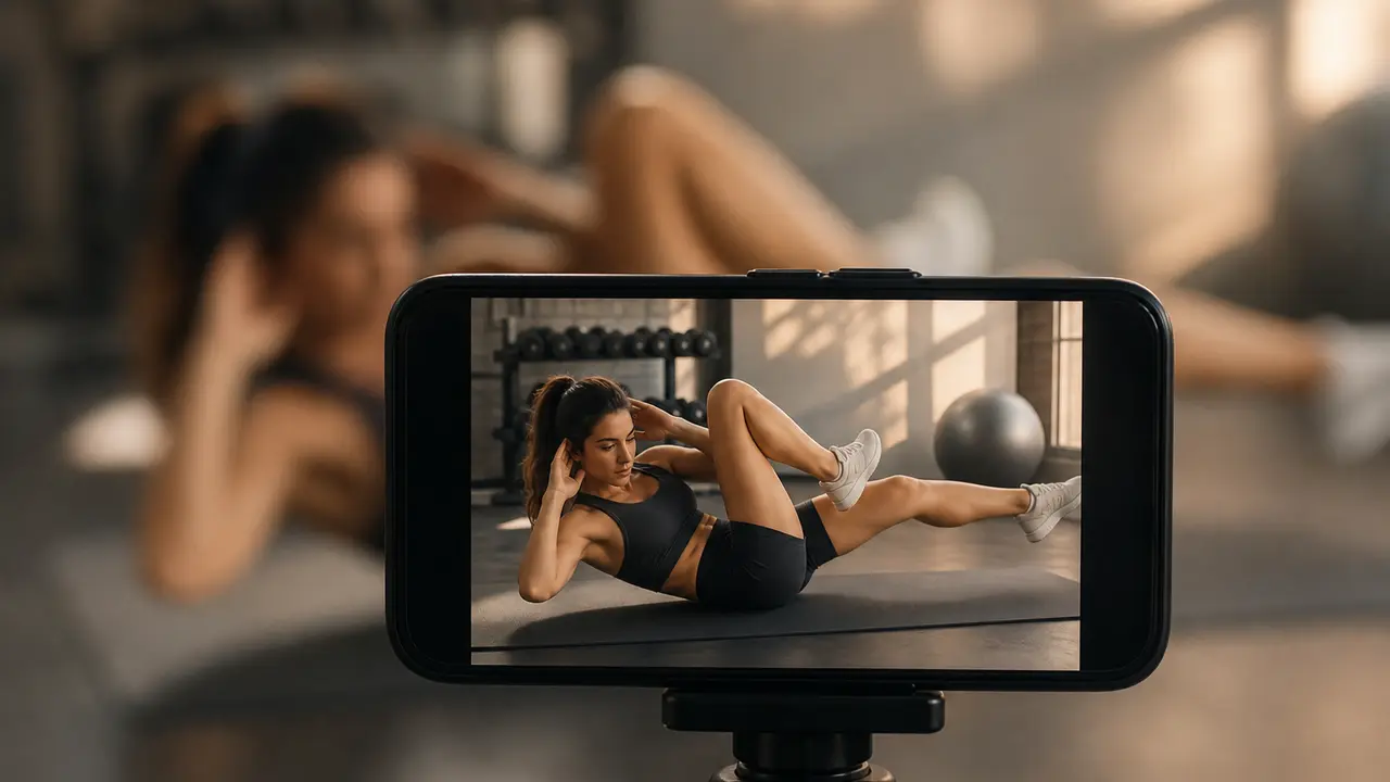 Smartphone-Kamera rahmt eine Bodenübung ein, cinematic editorial Stil, ohne Text