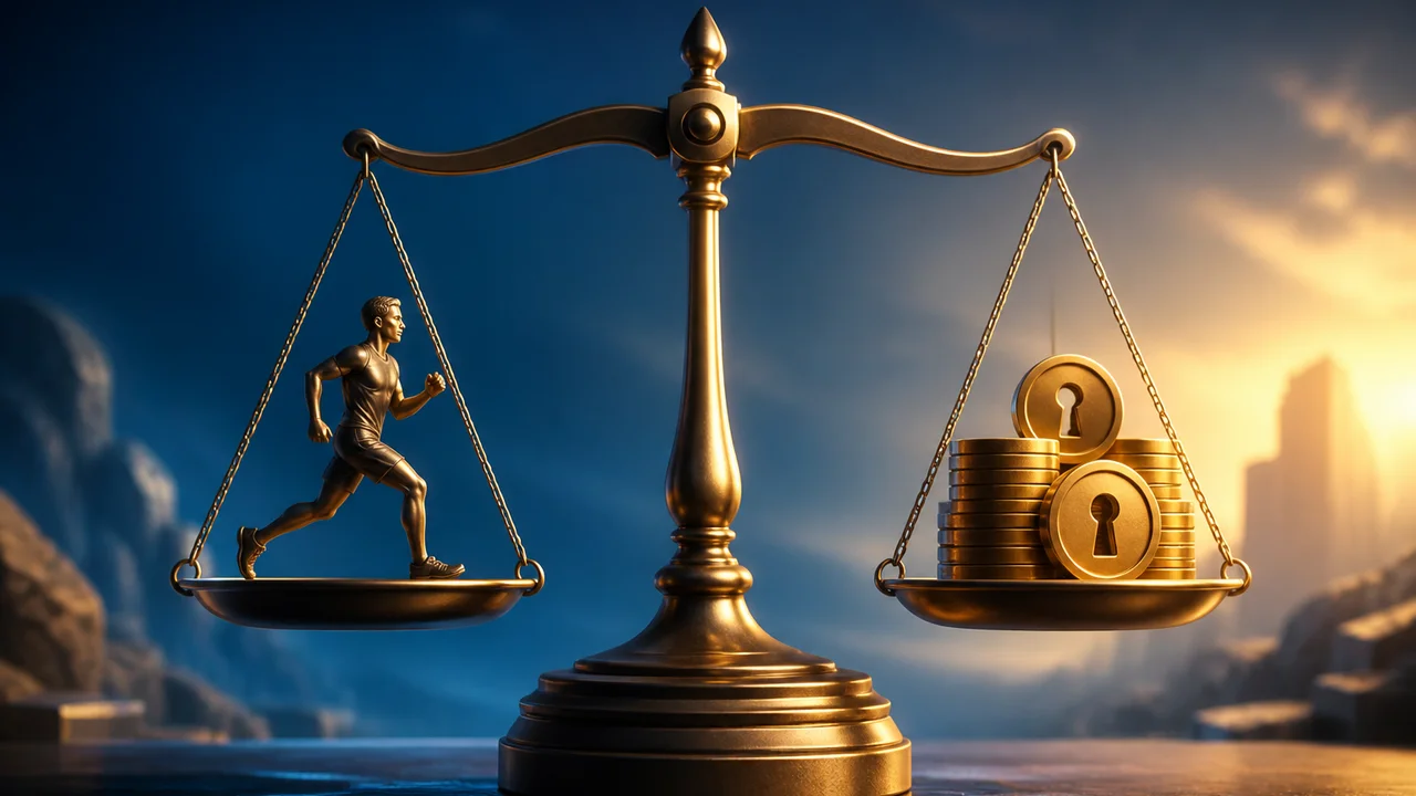 Kısa egzersiz ile ölçülü açma jetonları arasında dengeli terazi metaforunun sıcak sinematik illüstrasyonu