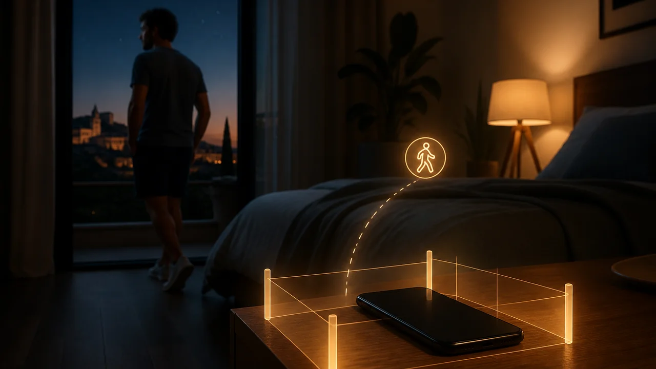 Ilustración cinematográfica de un dormitorio al anochecer con el teléfono tras una puerta suave y una figura ganando minutos en un paseo breve