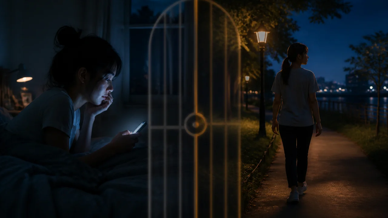 Ilustração cinematográfica de quarto escuro com brilho do telefone pausado num gate suave e figura ganhando minutos numa caminhada noturna calma