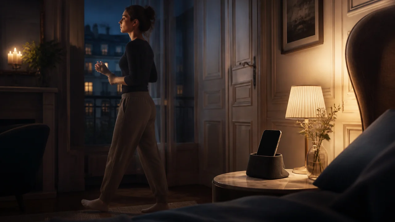 Illustration cinématique d'une chambre tamisée avec téléphone doucement freiné et une figure qui gagne des minutes avant le coucher