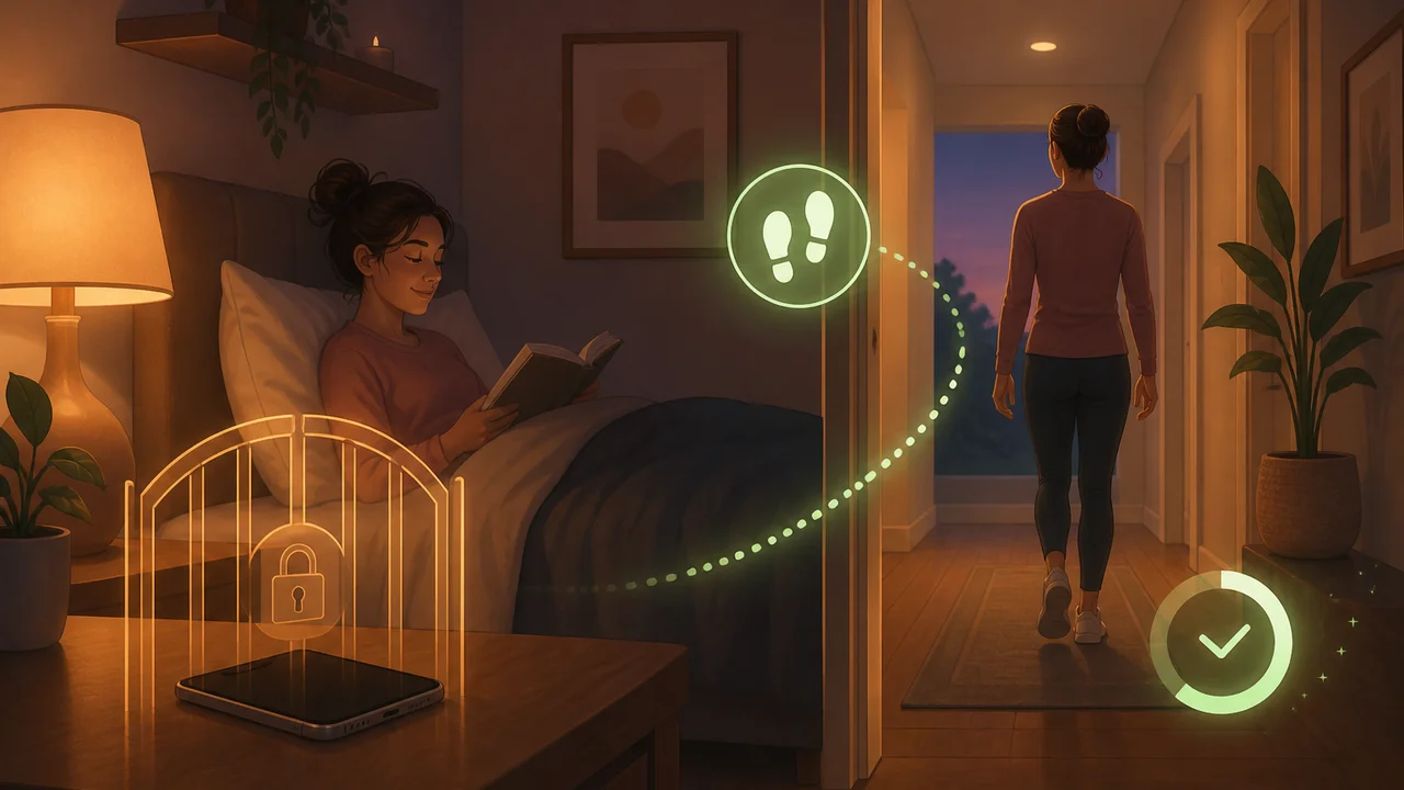 Illustrazione cinematografica di una camera da letto al crepuscolo con un telefono dietro un gate morbido e una figura che guadagna minuti con una breve camminata