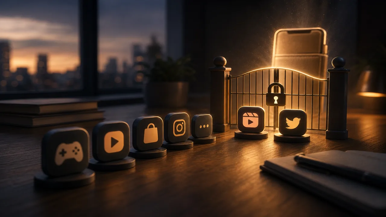 Ilustración cinematográfica de iconos de apps ordenados tras una puerta de bloqueo suave hacia una cartera del móvil, sin texto