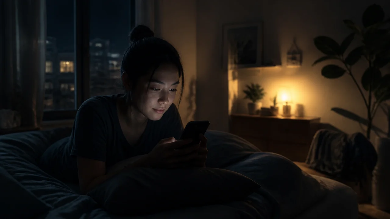 Minh họa điện ảnh phòng ngủ tối với ánh điện thoại dừng ở cổng mềm và người kiếm phút trên đường đi bộ tối yên