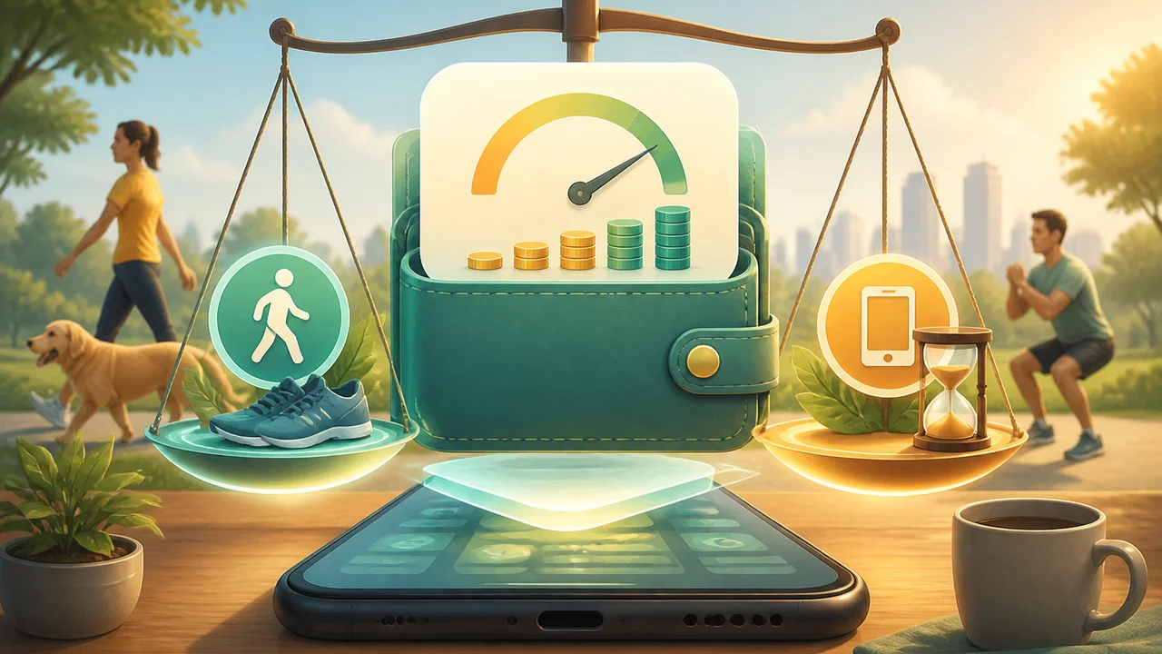 Illustrazione cinematografica di un portafoglio digitale equilibrato con icone di camminata e allenamento in luce calda su uno sfondo Android