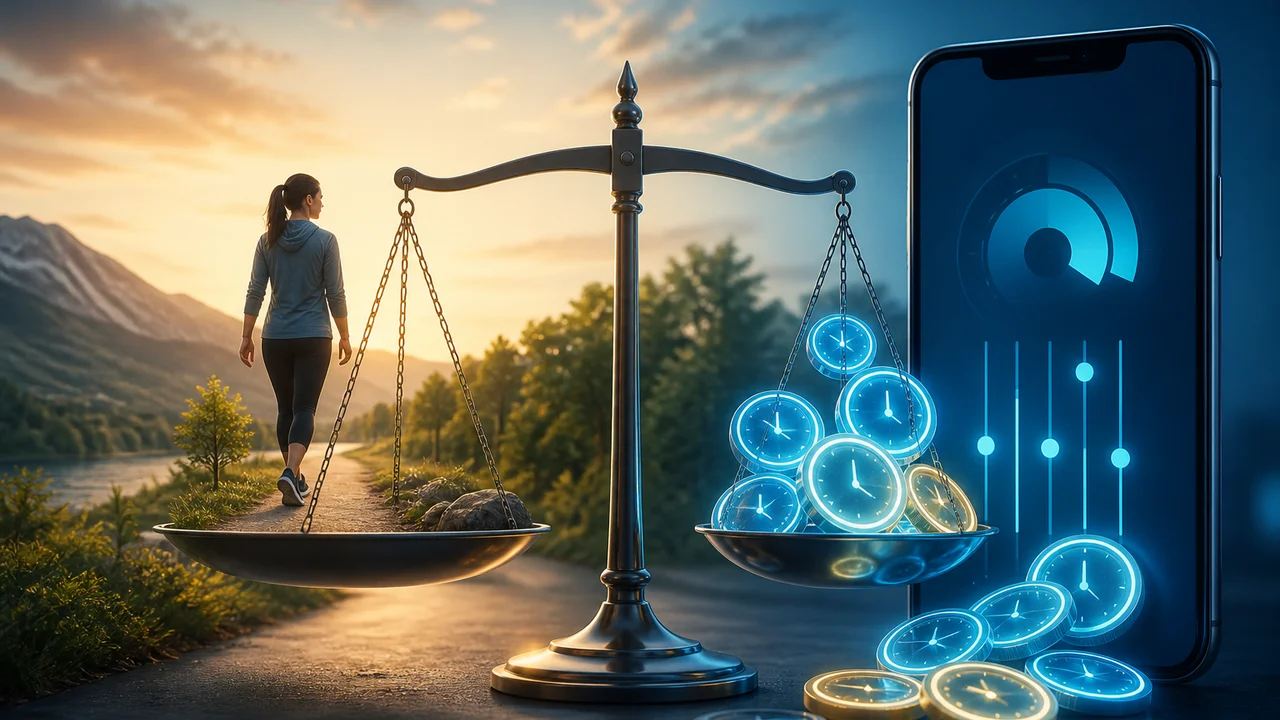 Illustration cinématique d'une balance de minutes et de mouvement avec un portefeuille smartphone en lumière chaude du soir