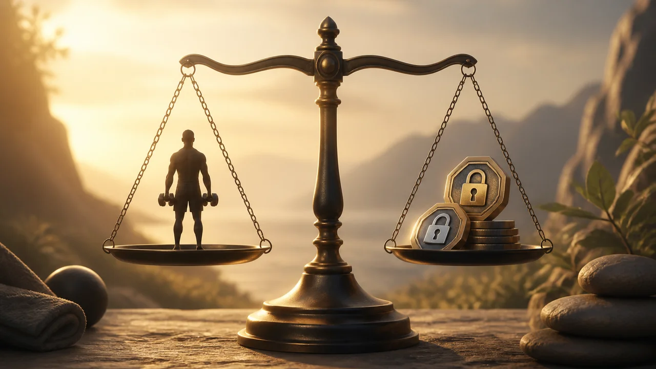 Minh họa điện ảnh cân bằng giữa buổi tập ngắn và token mở khóa đo được dưới ánh sáng biên tập ấm