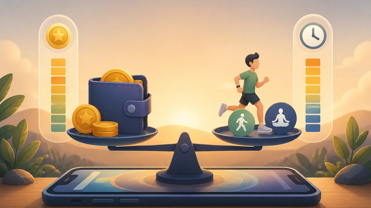 Cinematische illustratie van een weegschaal tussen een korte workout en afgemeten minuuttokens in warm editorial licht
