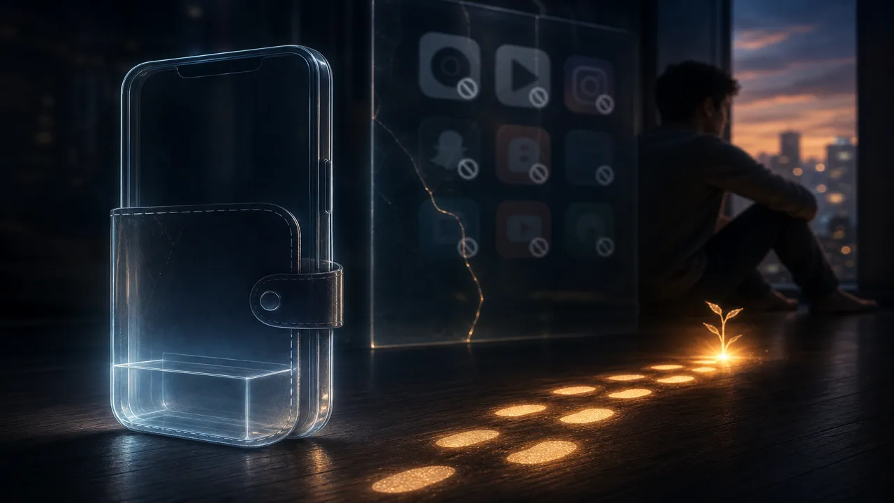 Minh họa điện ảnh ví điện thoại trống phát sáng bên cạnh hình app bị chặn và đường bước chân ngắn, không chữ