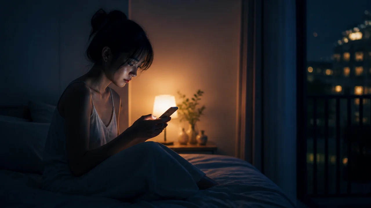 薄暗い寝室でスマホの光がやわらかくゲートされ、静かな夜の散歩で分を稼ぐ人物のシネマティックイラスト