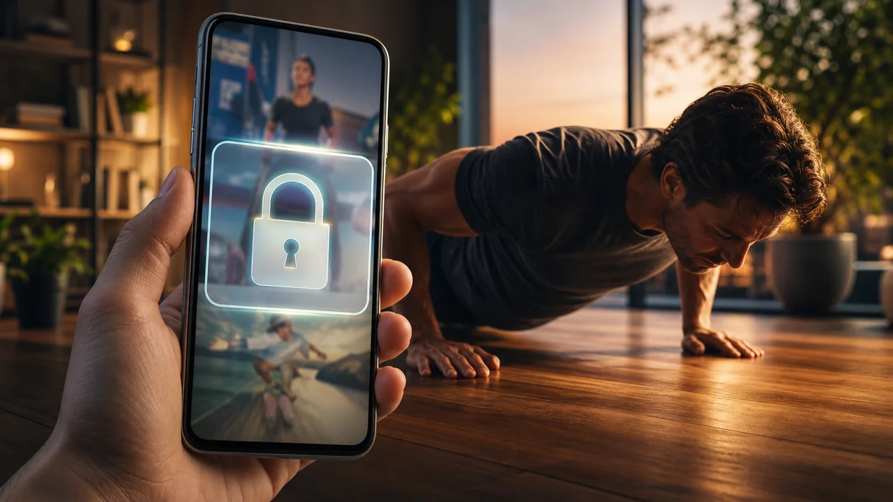 Cinematic illustration of a phone paused at a soft gate while short-form video light fades, with a figure mid push-up nearby